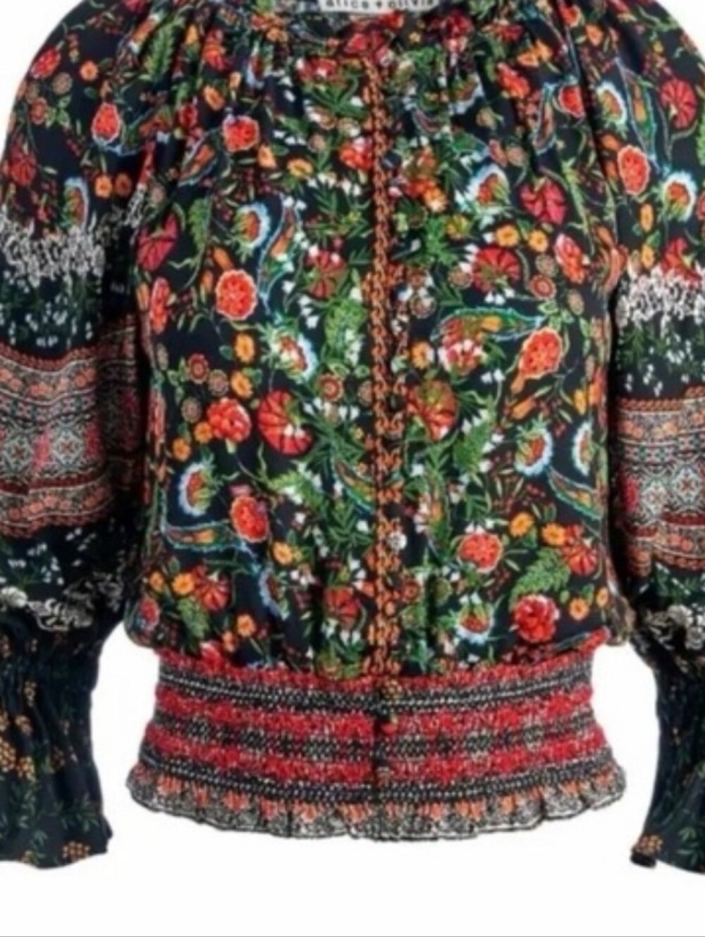 Alice + Olivia Black Floral Smocked Peasant Blouse - Picture 3 of 3